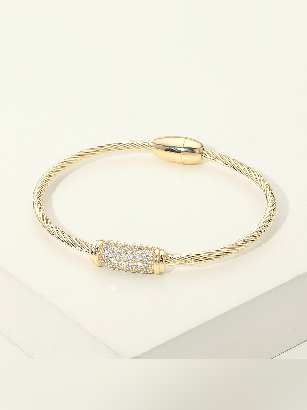 14K Gold Plated CZ Pave Bar Accent Twisted Cable Magnetic Bangle Bracelet